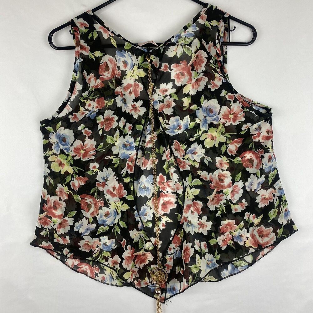 Women’s Sheer Floral Sleeveless Top Black Multicolor Lightweight Size M - Picture 3 of 6